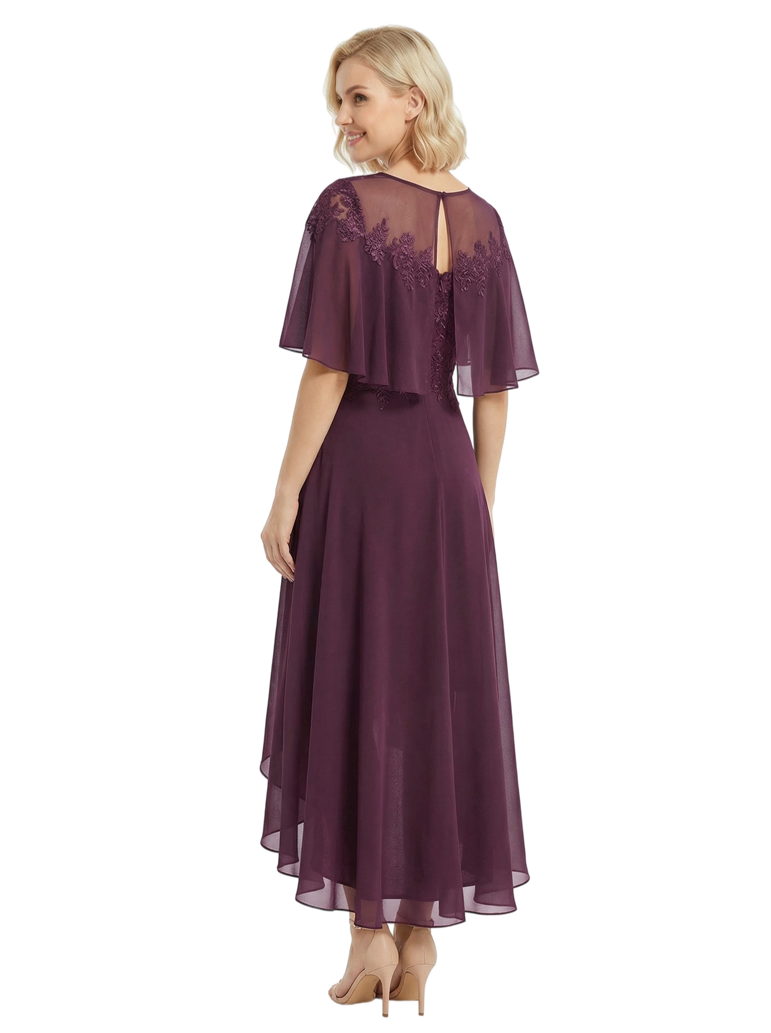 Chicsew Modern High-Low Lace Applique Flutter Sleeves Mother Of The Bride Dress