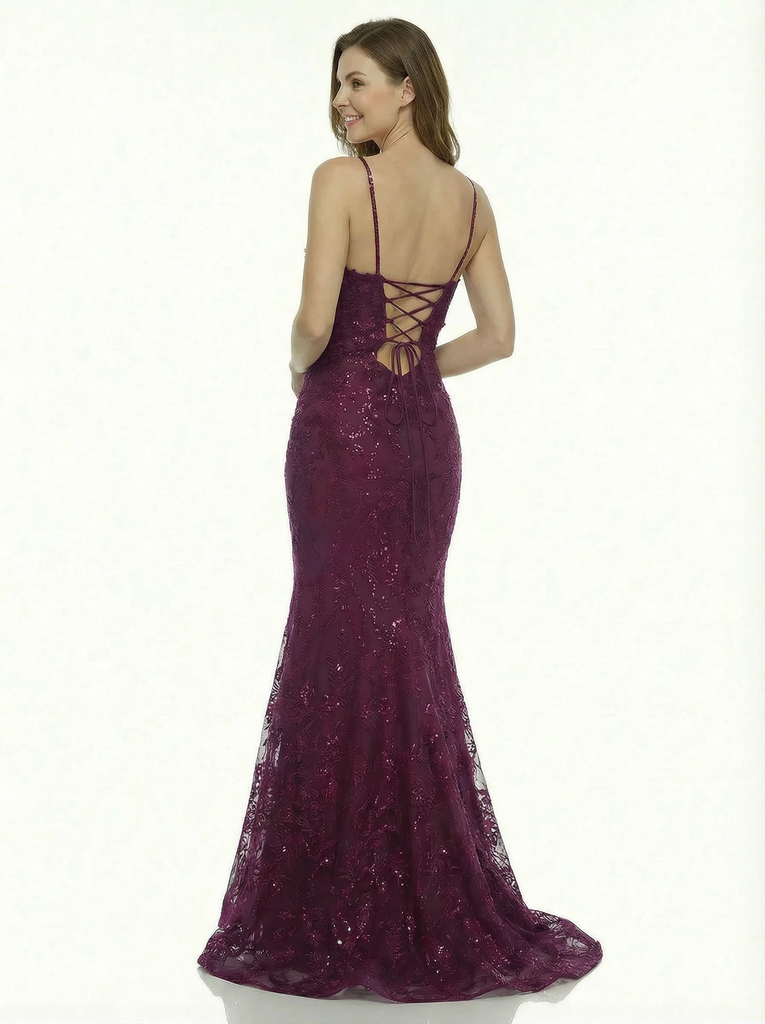 Spaghetti V-Neck Lace Appliques Mermaid Long Formal Dresses