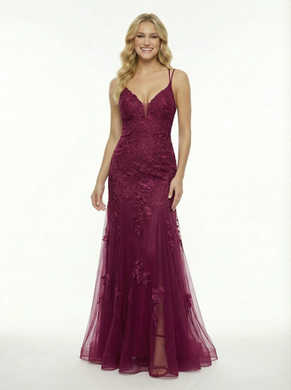 Spaghetti V-Neck Strap Lace Beaded Mermaid Long Formal Dresses