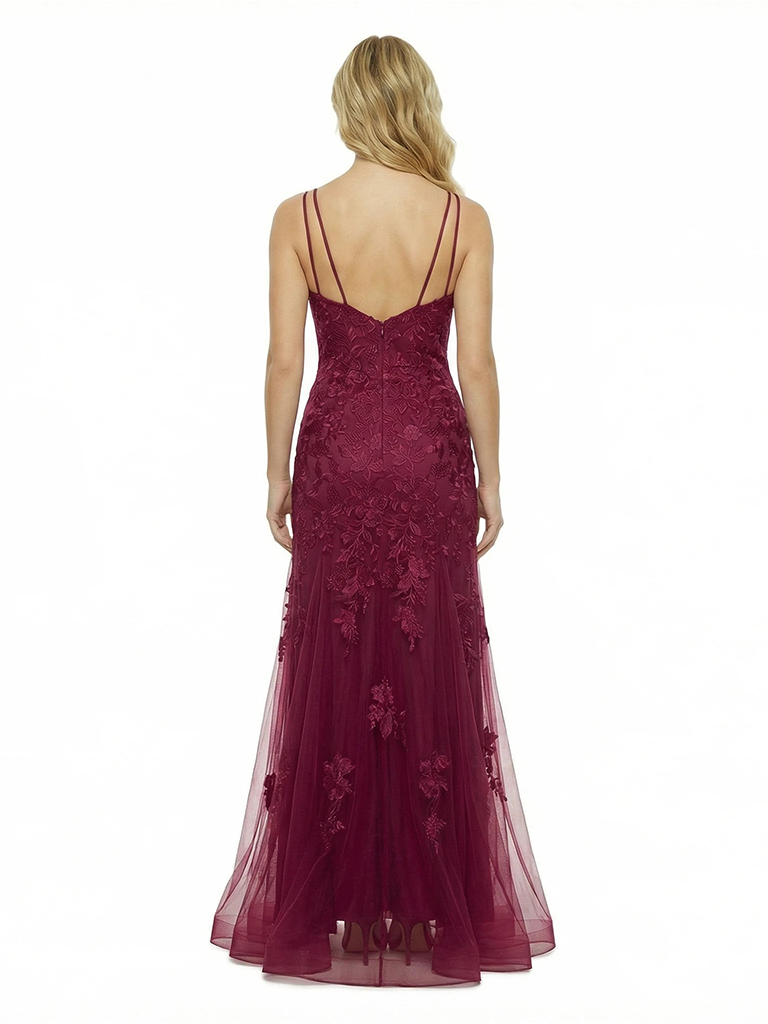 ChicSew Spaghetti Straps V-Neck Lace Applique Beaded Tulle Mermaid Long Formal Dresses