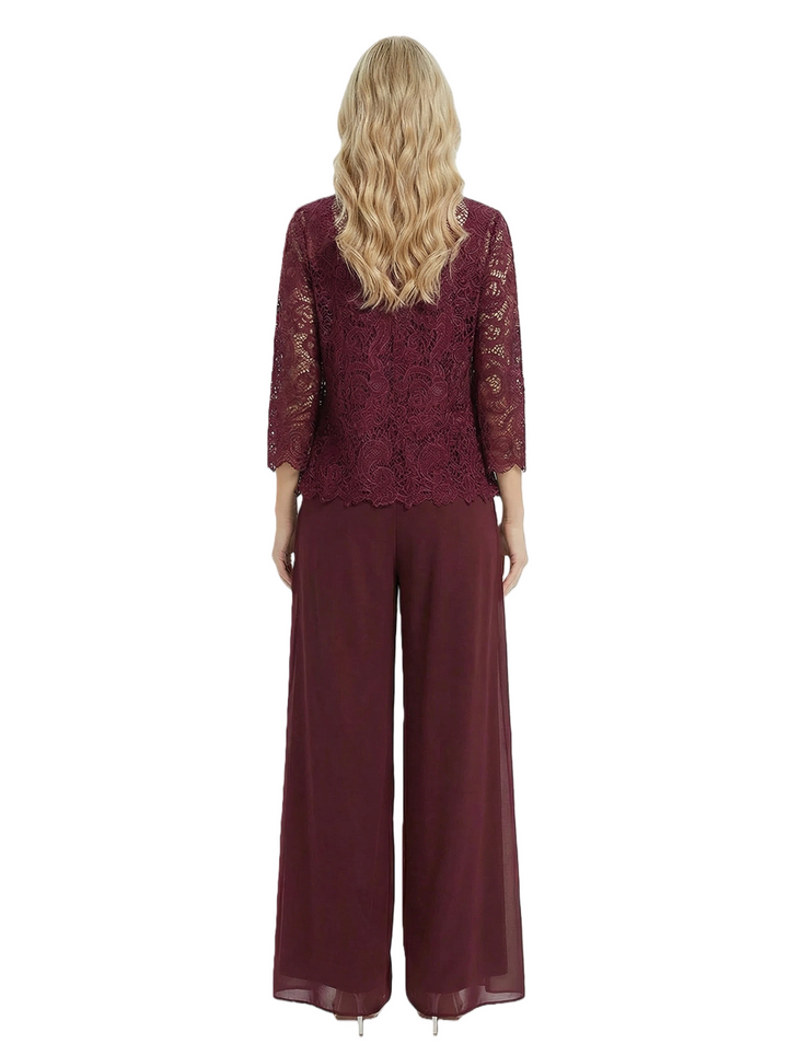 Classy Mother Of The Bride Pantsuit Lace Top Wide Leg Jumpsuit Wedding Guest
