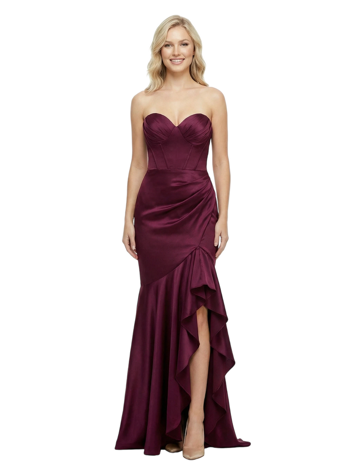 ChicSew Strapless Sweetheart Boning Ruffle Satin SIde Slit Mermaid Formal Prom Dress