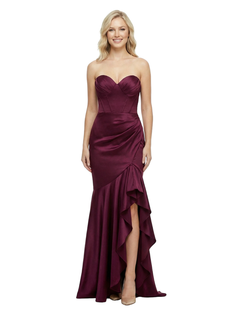 ChicSew Strapless Sweetheart Boning Ruffle Satin SIde Slit Mermaid Formal Prom Dress