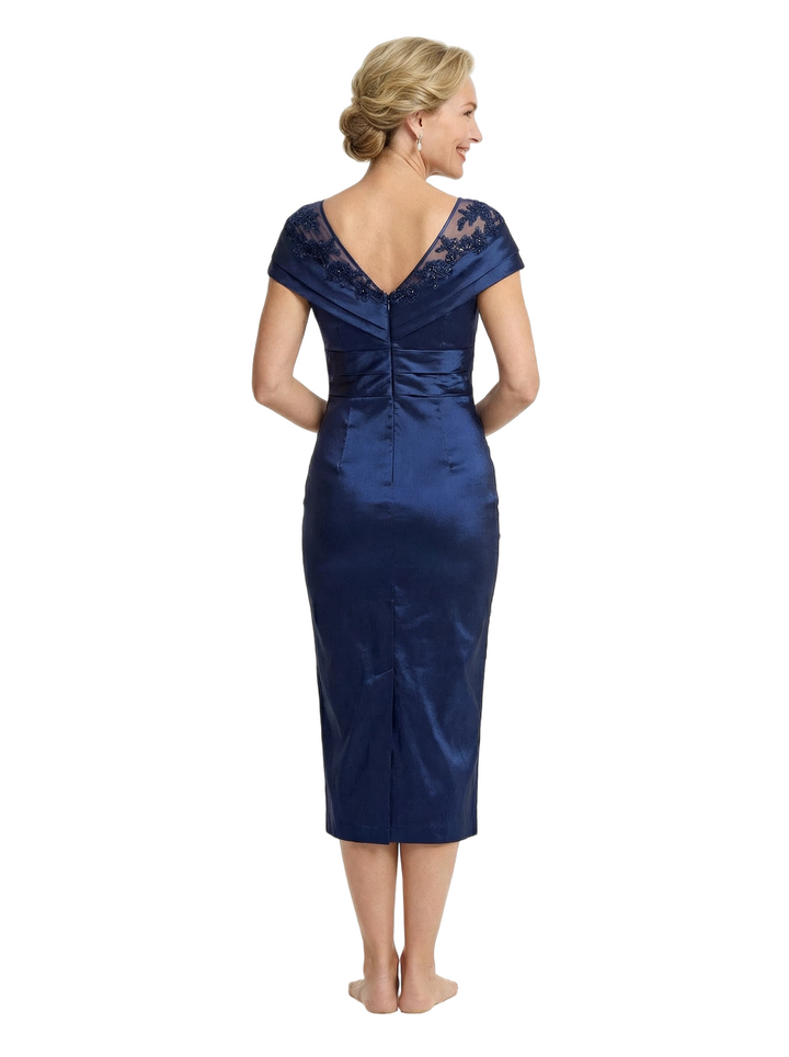 Beautiful Illusion Short Sleeve Mother Of The Bride Dress Lace Sheath Midi Formal Evening Gown