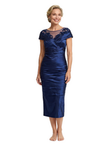 Beautiful Illusion Short Sleeve Mother Of The Bride Dress Lace Sheath Midi Formal Evening Gown