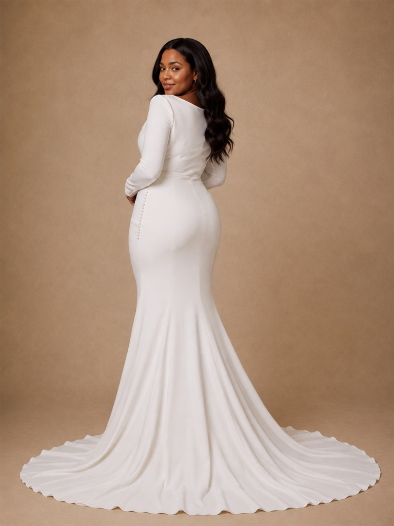 ChicSew Elegant Cowl Neck Mermaid Crepe Long Sleeves Floor-Length Wedding Dress With Button
