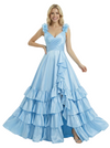 ChicSew Elegant Satin V-Neck Floral Straps Ruffles A-Line Formal Prom Dresses With Side Slit
