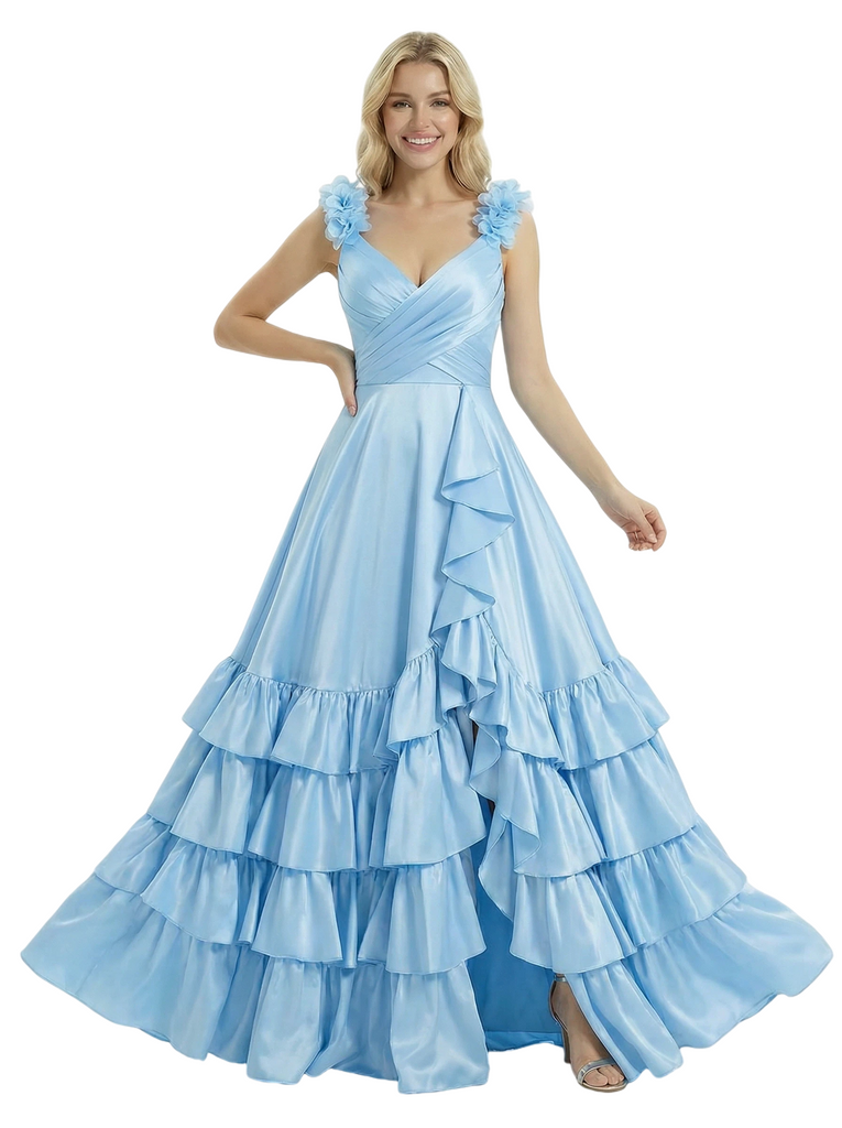 ChicSew Elegant Satin V-Neck Floral Straps Ruffles A-Line Formal Prom Dresses With Side Slit