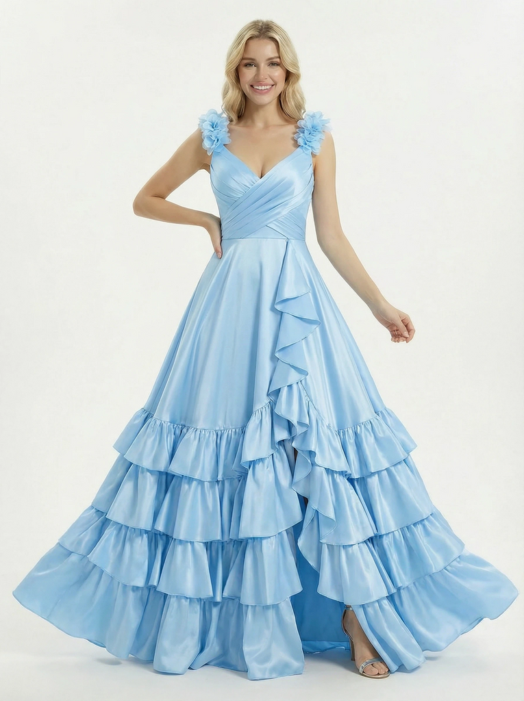 Pretty Flower Straps Ruffle Satin A-line Long Party Prom Dresses
