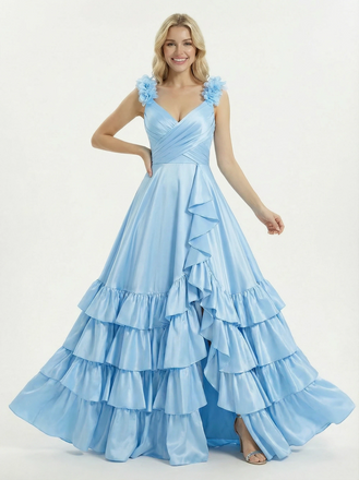 Pretty Flower Straps Ruffle Satin A-line Long Party Prom Dresses