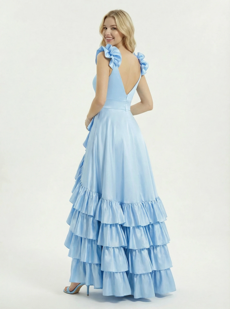 Pretty Flower Straps Ruffle Satin A-line Long Party Prom Dresses