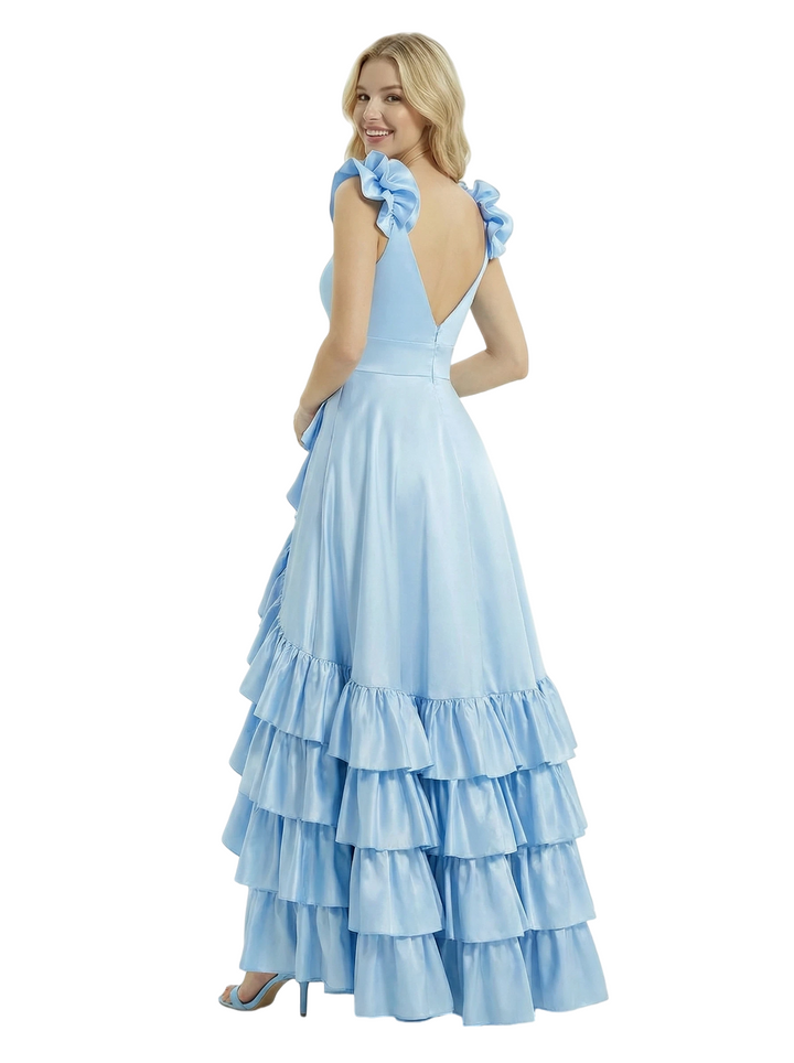 ChicSew Elegant Satin V-Neck Floral Straps Ruffles A-Line Formal Prom Dresses With Side Slit