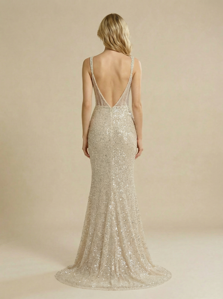 Mermaid Spaghetti Straps V-Neck Maxi Long Sequin Wedding Dresses