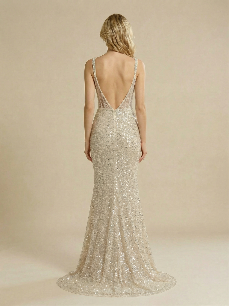 Mermaid Spaghetti Straps V-Neck Maxi Long Sequin Wedding Dresses