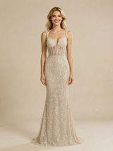 Mermaid Spaghetti Straps V-Neck Maxi Long Sequin Wedding Dresses