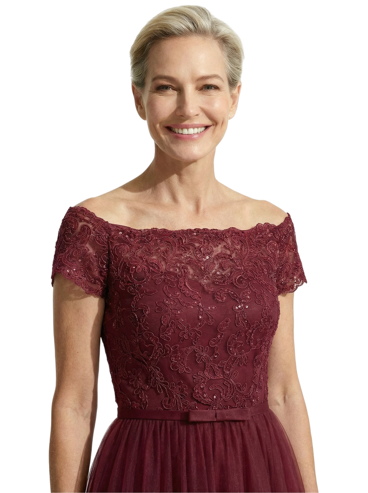Beautiful Off Shoulder Lace Mother of The Bride Dress High-Low Tulle Gown for Wedding