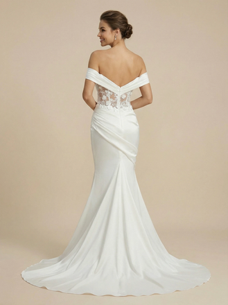 Mermaid Off Shoulder Ruched Maxi Long Satin Wedding Dresses With Lace Applique