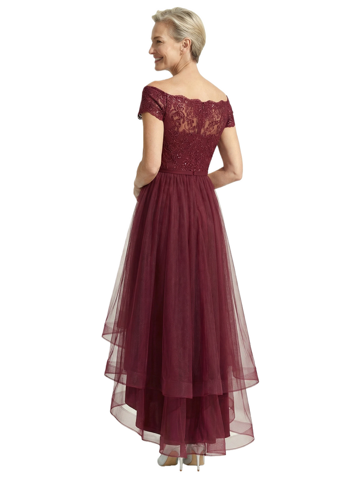 Beautiful Off Shoulder Lace Mother of The Bride Dress High-Low Tulle Gown for Wedding