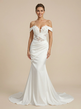 Mermaid Off Shoulder Ruched Maxi Long Satin Wedding Dresses With Lace Applique