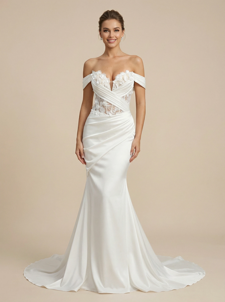 Mermaid Off Shoulder Ruched Maxi Long Satin Wedding Dresses With Lace Applique
