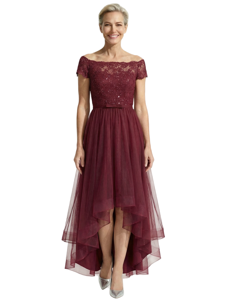 Beautiful Off Shoulder Lace Mother of The Bride Dress High-Low Tulle Gown for Wedding