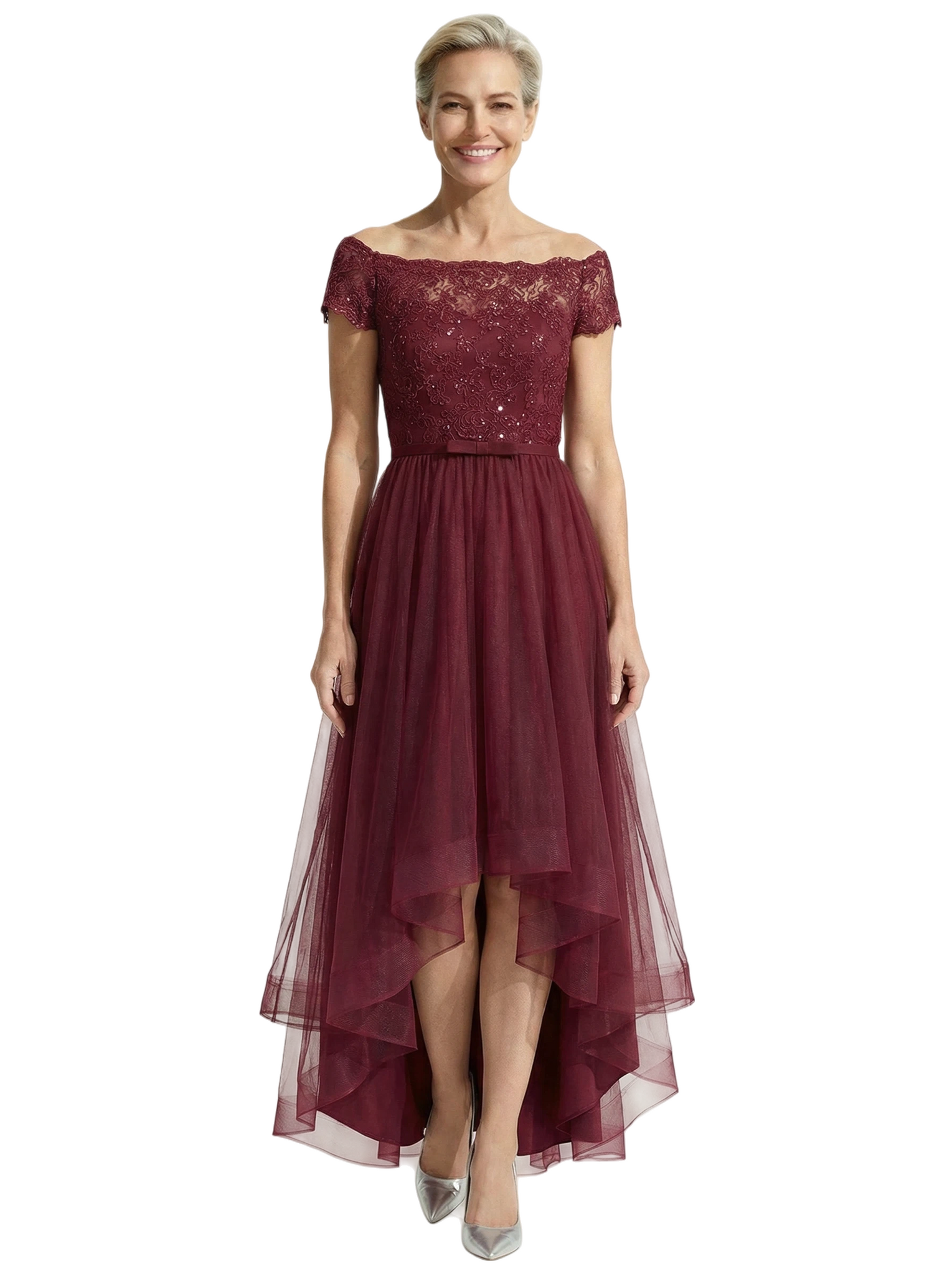 Beautiful Off Shoulder Lace Mother of The Bride Dress High-Low Tulle Gown for Wedding