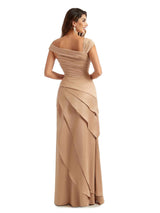 Sexy Asymmetric Side Split Long Satin Modern Formal Bridesmaid Dresses With Ruffle