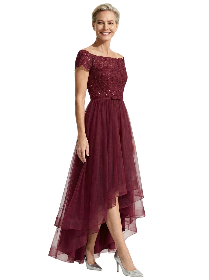 Beautiful Off Shoulder Lace Mother of The Bride Dress High-Low Tulle Gown for Wedding