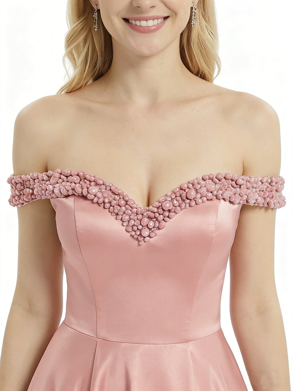 Chicsew Elegant Off Shoulder Beaded Satin A-line Prom Dress Side Slit