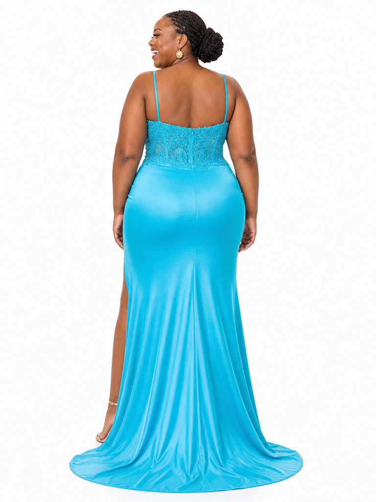 ChicSew Fancy Spaghetti Straps Boning Mermaid Soft Satin Side Slit Long Bridesmaid Dresses With Applique