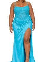 ChicSew Fancy Spaghetti Straps Boning Mermaid Soft Satin Side Slit Long Bridesmaid Dresses With Applique