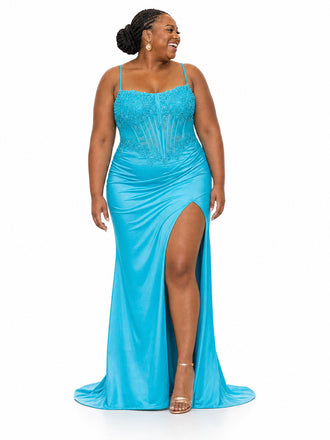 ChicSew Fancy Spaghetti Straps Boning Mermaid Soft Satin Side Slit Long Bridesmaid Dresses With Applique