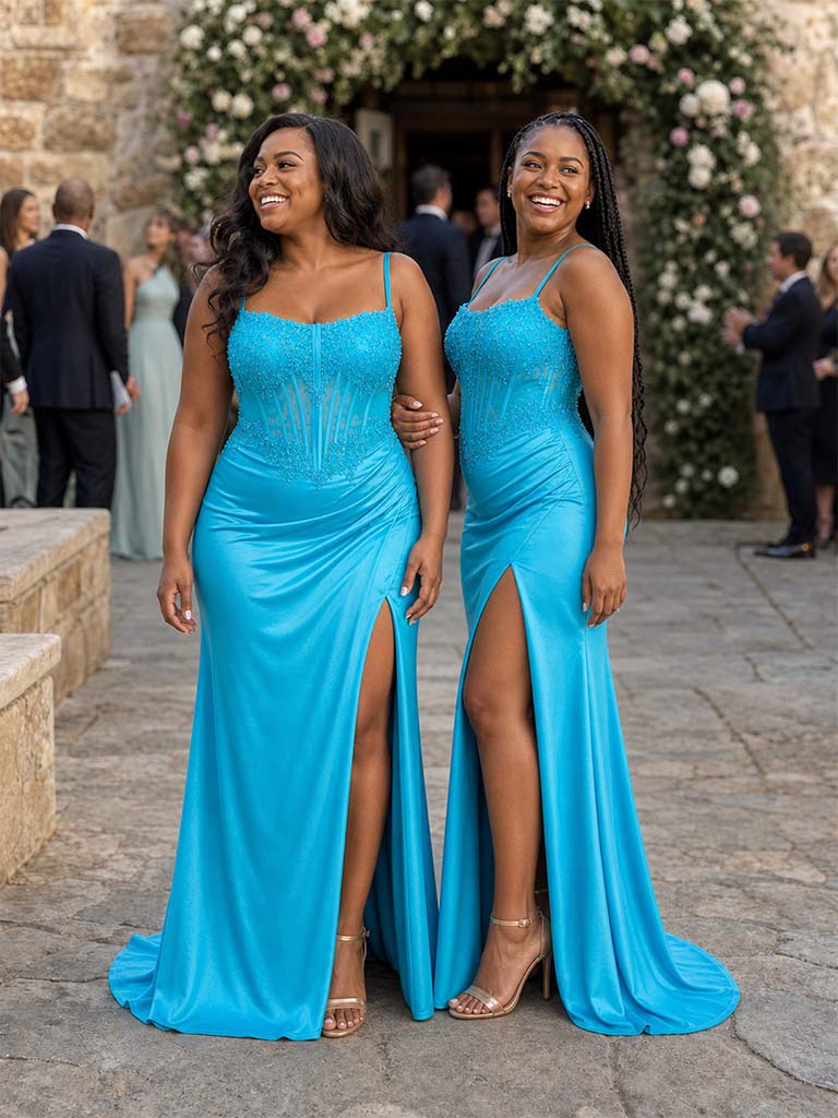 ChicSew Fancy Spaghetti Straps Boning Mermaid Soft Satin Side Slit Long Bridesmaid Dresses With Applique