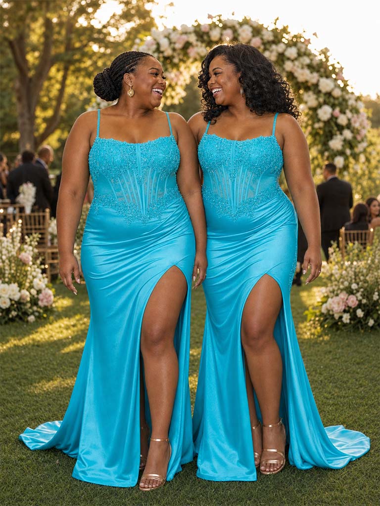 ChicSew Fancy Spaghetti Straps Boning Mermaid Soft Satin Side Slit Long Bridesmaid Dresses With Applique