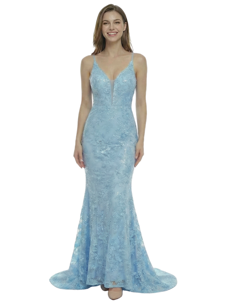 ChicSew Sexy Spaghetti Straps V-Neck Sleeveless Lace Mermaid Formal Prom Dresses