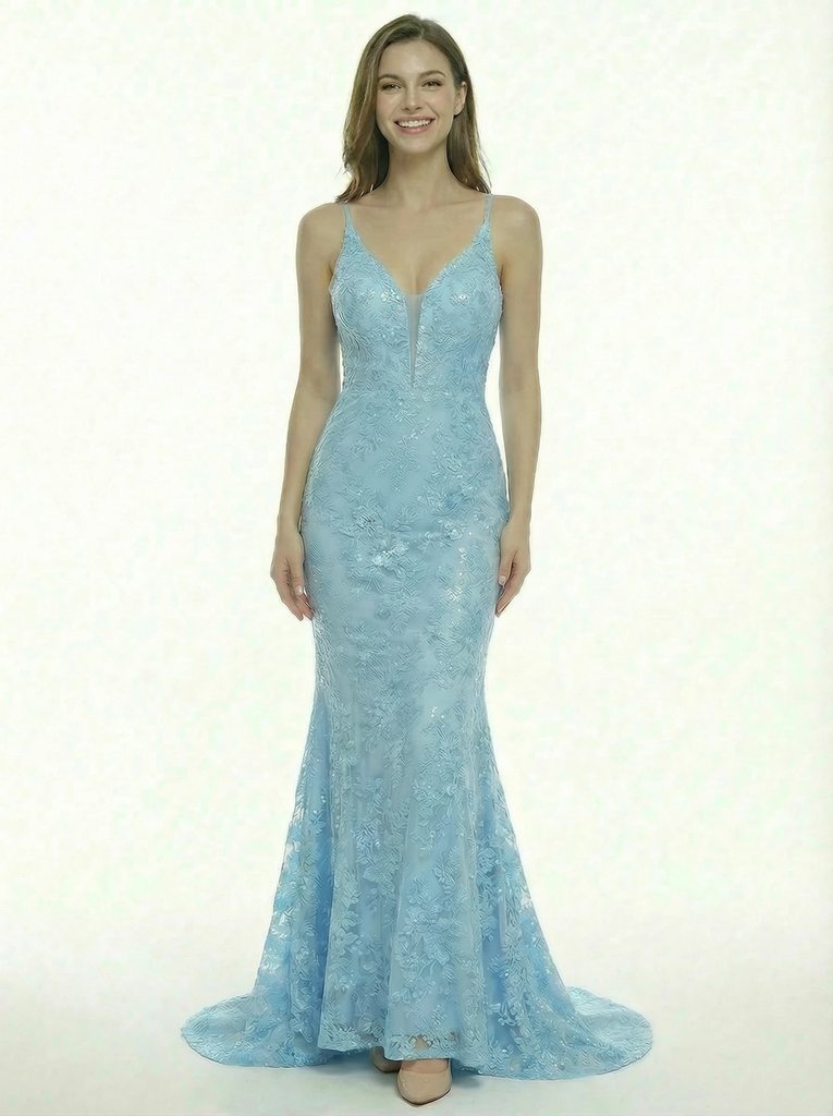 Pretty V-Neck Lace Mermaid Sequin Formal Night Party Prom Dress