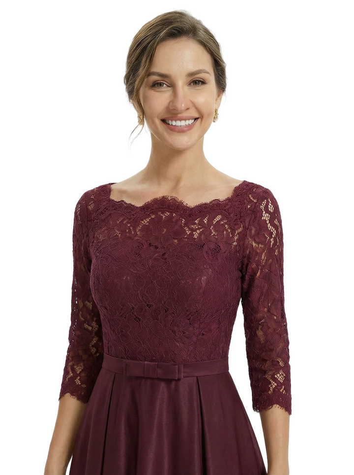 Sophisticated Jewel Lace Top Half Sleeves Satin A-Line Mother Of The Groom Dress