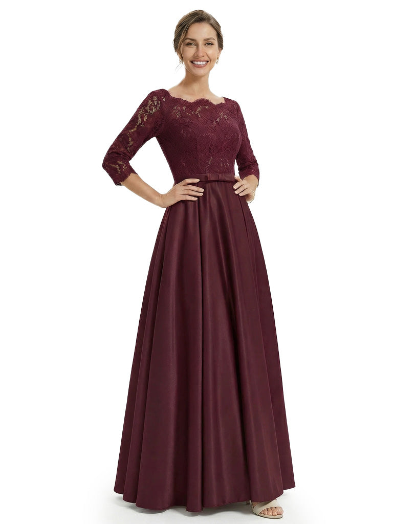 Sophisticated Jewel Lace Top Half Sleeves Satin A-Line Mother Of The Groom Dress