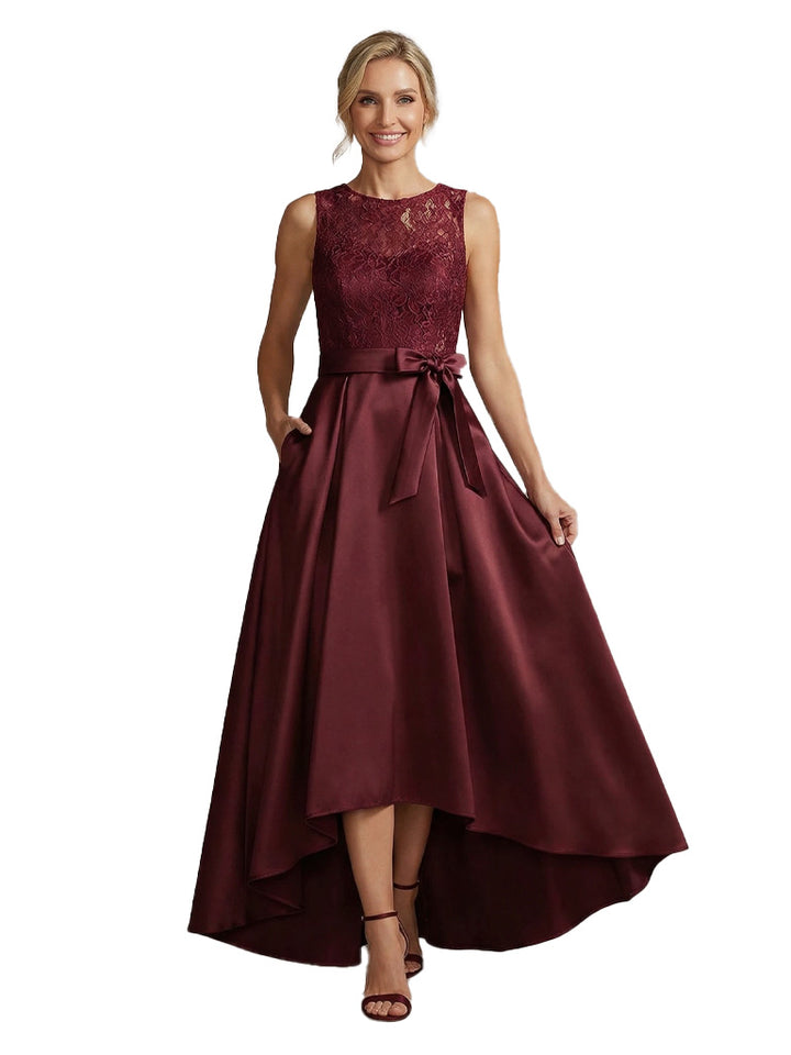 Modern High-Low Satin Mother Of The Bride Sleeveless Lace Jewel A-Line Dress With Bow Knot