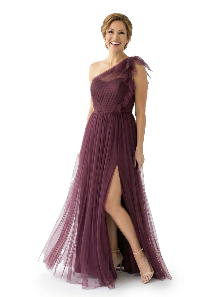 Chicsew Sexy One Shoulder Side Slit Floor-Length Chiffon Mother of The Bride Dress With Ruffles