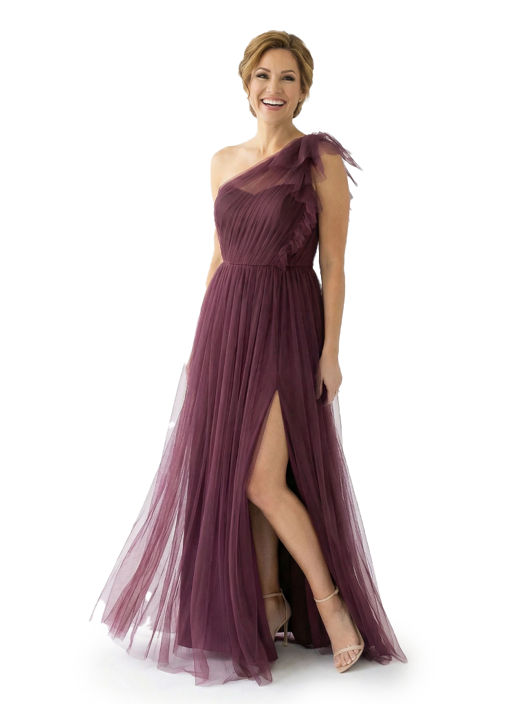 Chicsew Sexy One Shoulder Side Slit Floor-Length Chiffon Mother of The Bride Dress With Ruffles