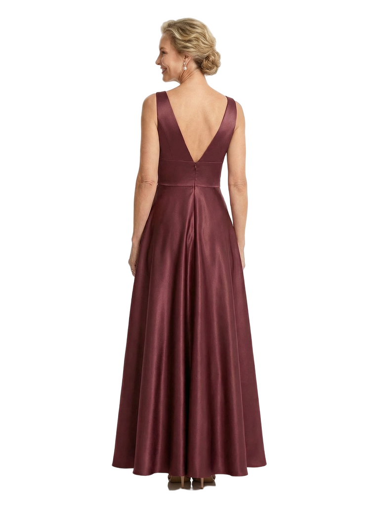 Elegant V-Neck A-Line Silky Satin Sleeveless Mother Of The Bride Gown With Bow Knot