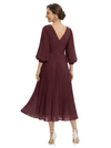 Trendy Pleated Chiffon Midi Long Sleeves V-Neck Mother Of The Bride Dresses