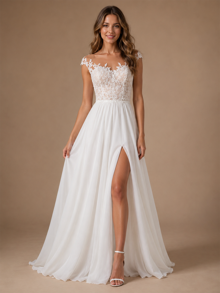 ChicSew Elegant Chiffon Lace A-Line Illusion Cap Sleeves Maxi Wedding DressWith Side Slit