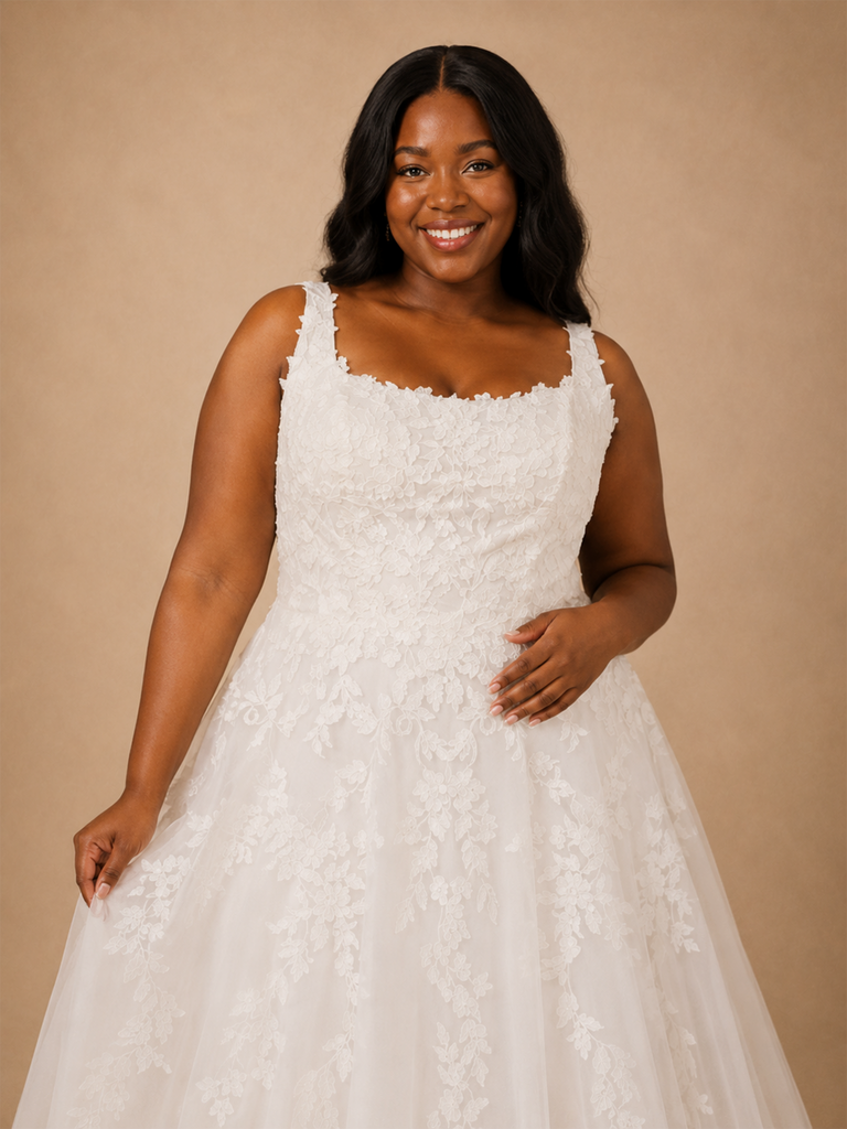 ChicSew Romantic Spaghetti Straps Square Neck Lace Appliques Tulle A-Line Wedding Dress