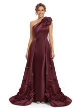 Unique One Shoulder Satin 3D Floral Applique Mermaid Mother Of The Bride Dresses Overskirt