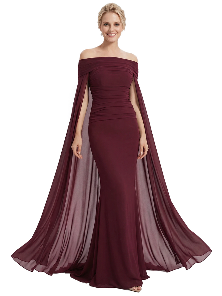 Stunning Off The Shoulder Cape Sleeves Ruched Mermaid Long Mother Of The Groom Dress