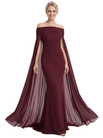 Stunning Off The Shoulder Cape Sleeves Ruched Mermaid Long Mother Of The Groom Dress