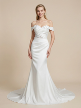 Mermaid Off Shoulder Ruched Maxi Long Satin Wedding Dresses With Lace Applique