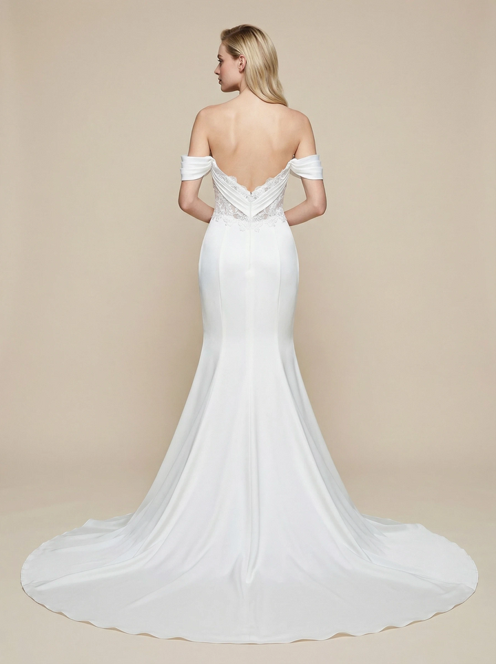 Mermaid Off Shoulder Ruched Maxi Long Satin Wedding Dresses With Lace Applique